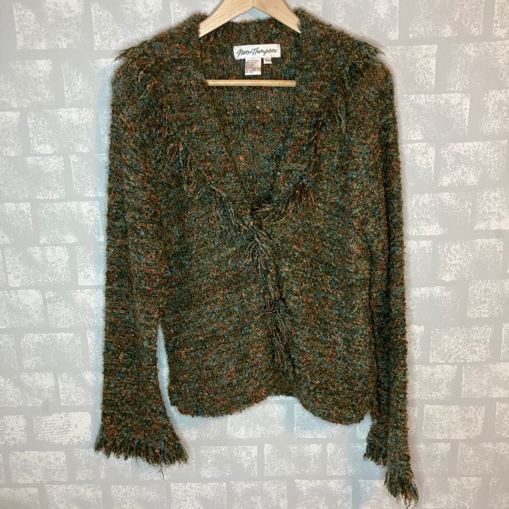 Vintage Boho Wool Green Orange Weaved Fringe Cardigan Sweater Relaxed Fit Large